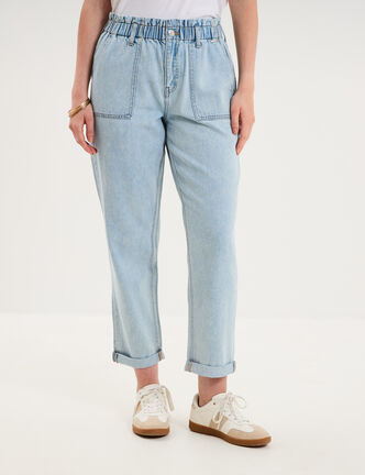 Jean paperbag cropped taille &eacute;lastiqu&eacute;e denim triple stone femme