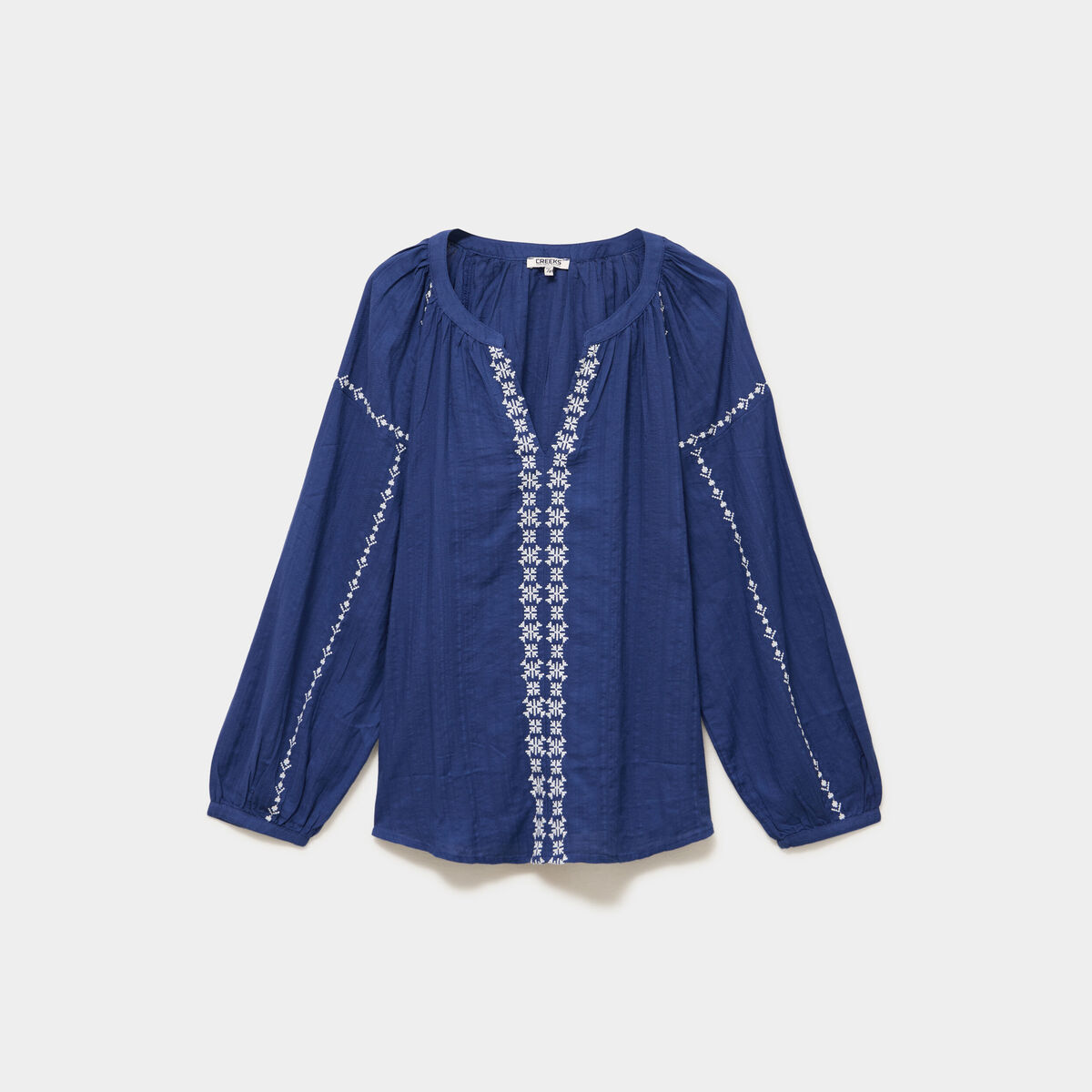 Blouse brod&eacute;e manches longues coton bleu marine femme grande taille