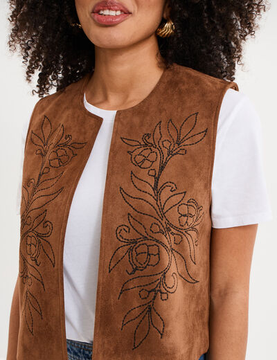 Veste sans manches brod&eacute;e en su&eacute;dine marron femme