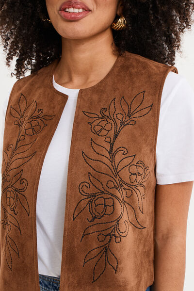Veste sans manches brod&eacute;e en su&eacute;dine marron femme