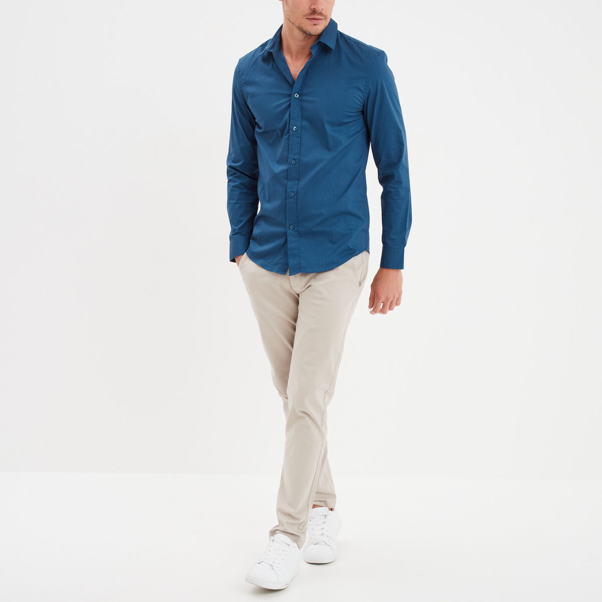 Chemise effet stretch manches longues bleu foncé homme