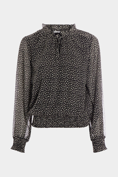 Blouse manches longues col montant noir femme