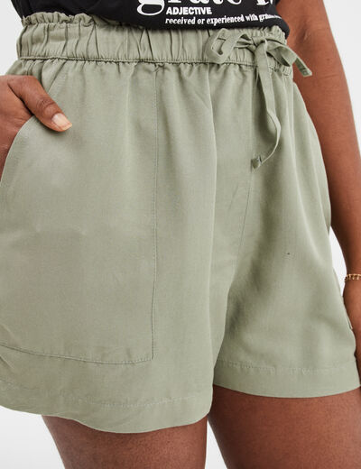 Short fluide taille à coulisse vert kaki femme