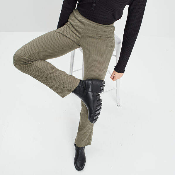 Pantalon flare côtelé vert kaki femme