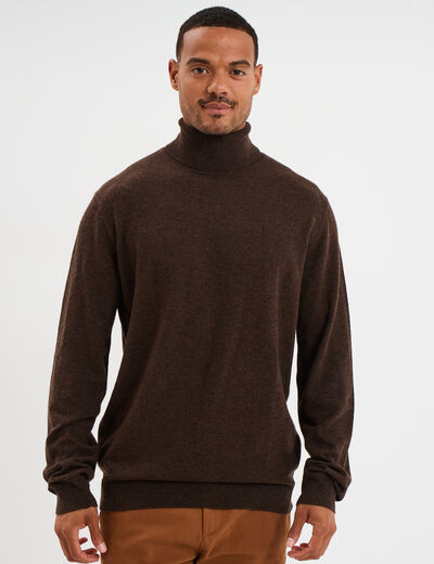 Pull col roul&eacute; manches longues marron fonc&eacute; homme