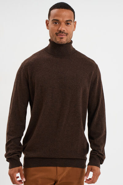 Pull col roul&eacute; manches longues marron fonc&eacute; homme