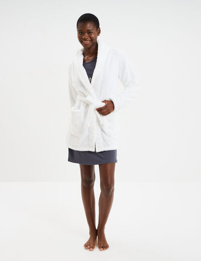 Peignoir mi-long effet polaire ceintur&eacute; blanc femme