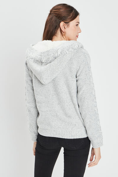 Gilet zippé doublure sherpa à capuche gris femme