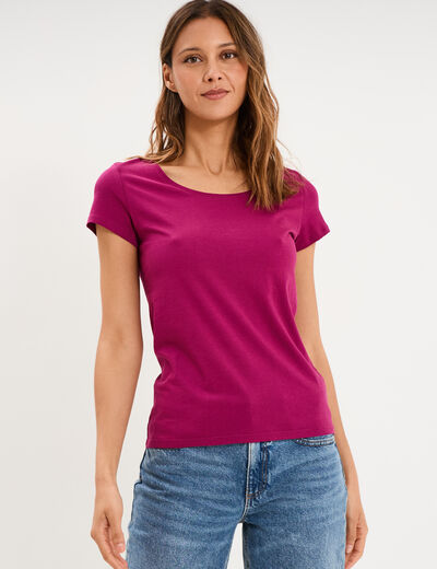 T-shirt coton col rond manches courtes prune femme
