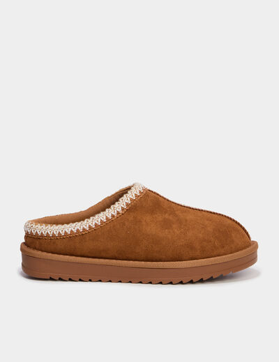 Mules fourr&eacute;es d&eacute;tails brod&eacute;s marron femme