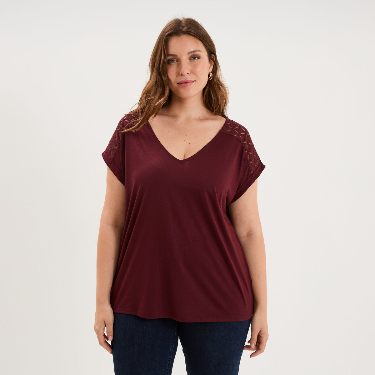 T-shirt droit avec dos dentelle oversize violet fonc&eacute; femme grande taille