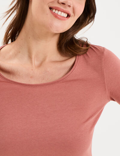 T-shirt coton col rond manches longues vieux rose femme