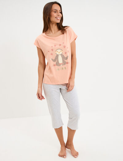 Ensemble pyjama t-shirt et corsaire rose clair femme