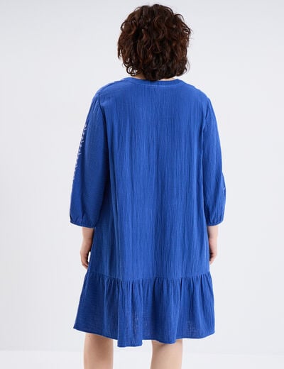 Robe brodée évasée gaze de coton bleu roi femme grande taille