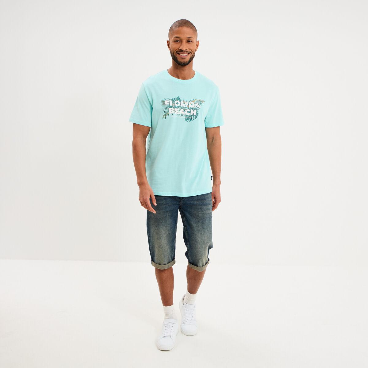 T-shirt &agrave; manches courtes droit coton bleu turquoise homme