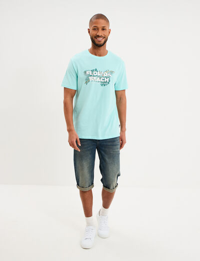 T-shirt &agrave; manches courtes droit coton bleu turquoise homme