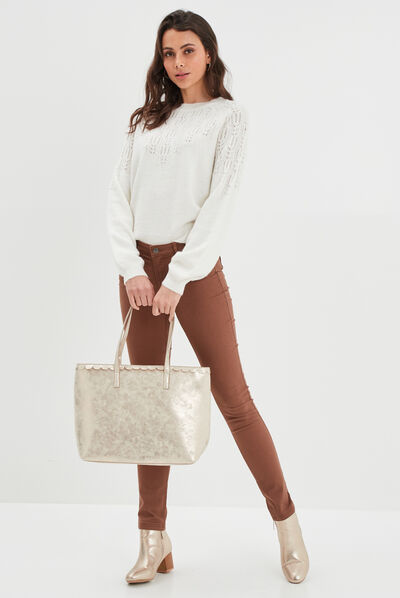 Pull manches ballons détails ajourés sable femme