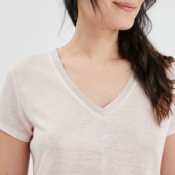 t shirt col en v a bande metallisee rose clair femme T-shirt col en V à bande métallisée rose clair femme