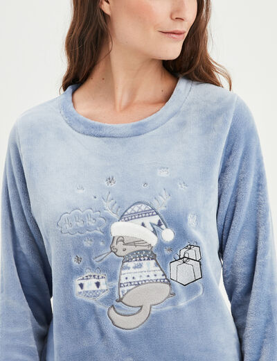 Ensemble pyjama pantalon effet velours bleu clair femme