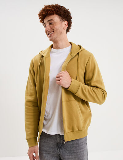 Sweat zipp&eacute; molleton &agrave; capuche vert kaki homme