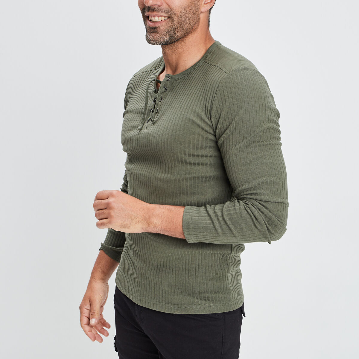 T-shirt ajusté manches longues côtelé vert kaki homme