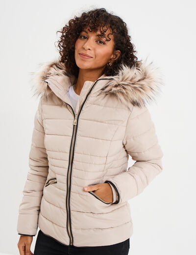 Doudoune courte cintrée à capuche beige femme