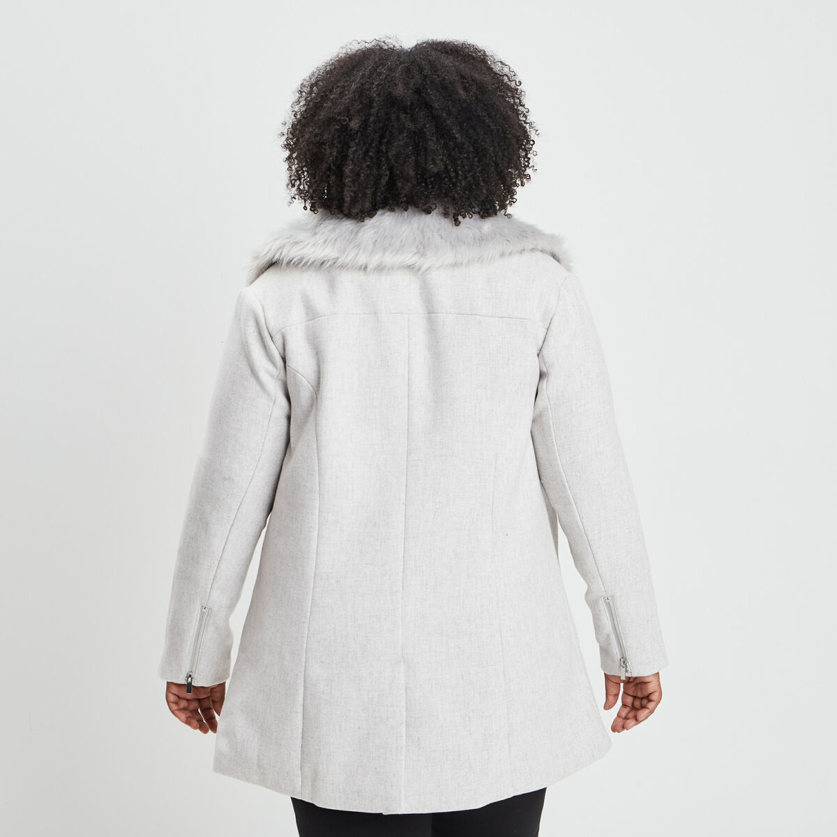 Manteau mi-long col imitation fourrure gris femme grande taille