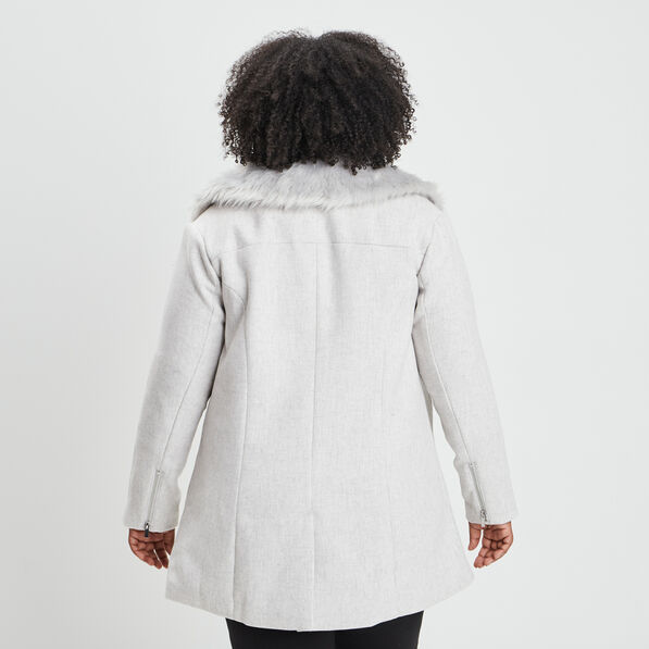 Manteau mi-long col imitation fourrure gris femme grande taille