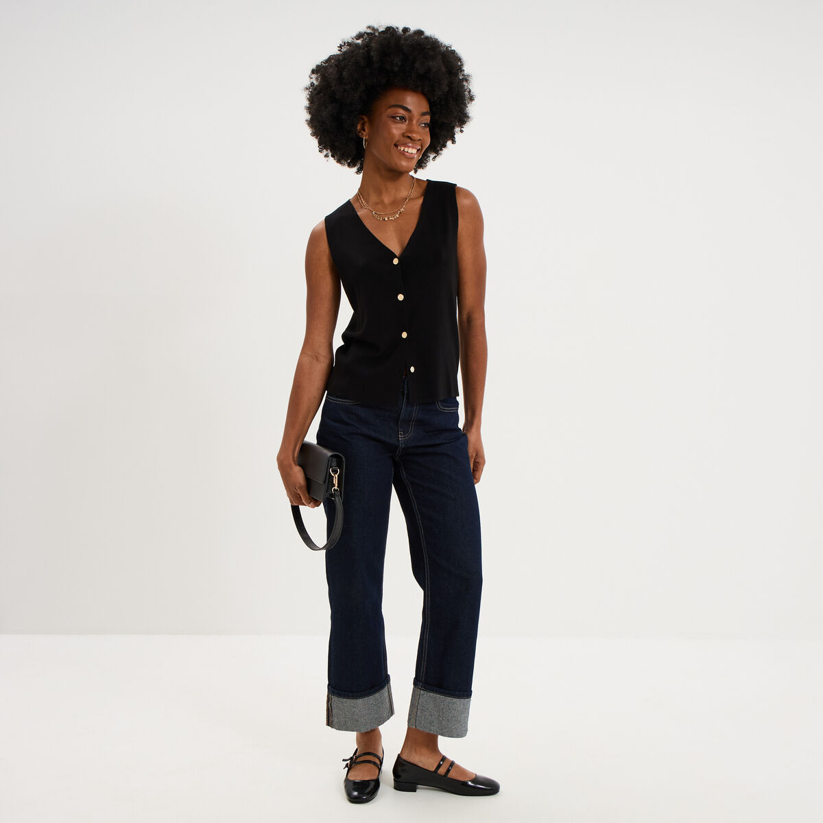 Gilet sans manches col en V noir femme