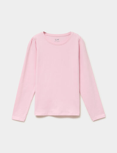 T-shirt coton manches longues &agrave; fronces rose clair fille
