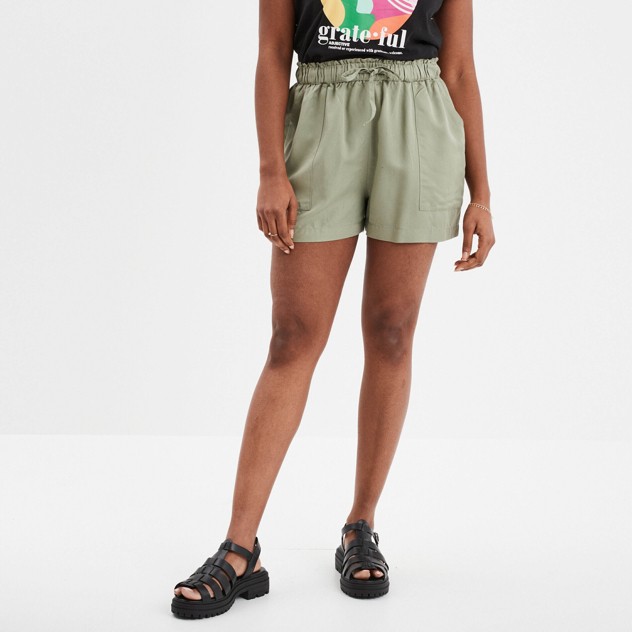 Short fluide taille à coulisse vert kaki femme LH