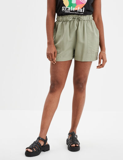 Short fluide taille à coulisse vert kaki femme