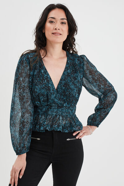 Blouse cintrée col effet croisé Liberto bleu canard femme