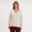 Pull droit col en V manches longues ecru femme grande taille