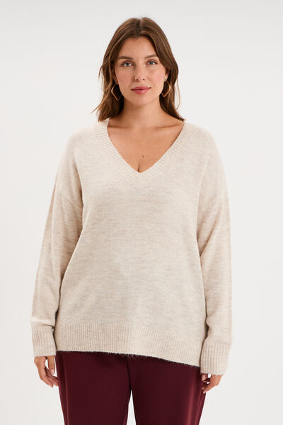 Pull droit col en V manches longues ecru femme grande taille