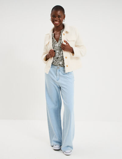 Blouse ajour&eacute;e manches 3/4 col en V ecru femme