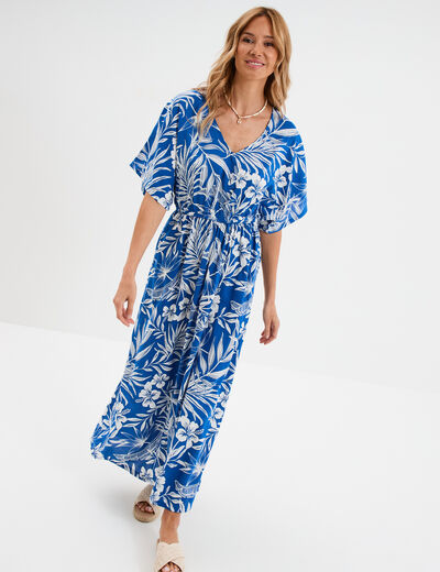 Robe longue col en V manches courtes bleu electrique femme