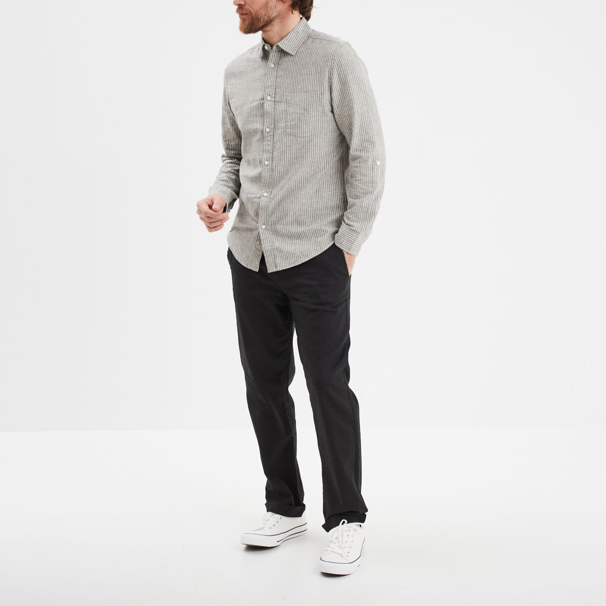 Pantalon chino droit lin mélangé noir homme