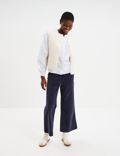 Pantalon effet velours &agrave; pont 7/8&egrave;me bleu fonc&eacute; femme
