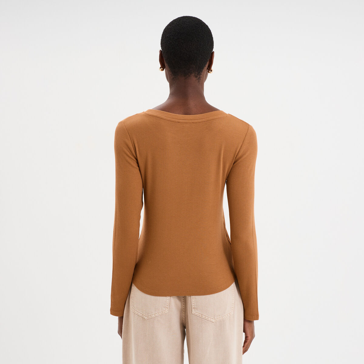 T-shirt col rond manches longues beige femme