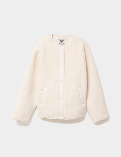 Veste effet polaire boutonn&eacute;e col rond ecru femme