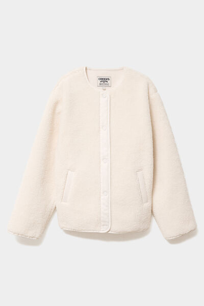 Veste effet polaire boutonn&eacute;e col rond ecru femme