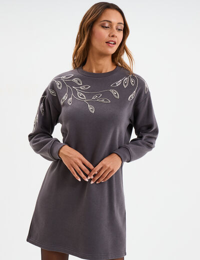 Robe pull d&eacute;tails strass gris fonc&eacute; femme