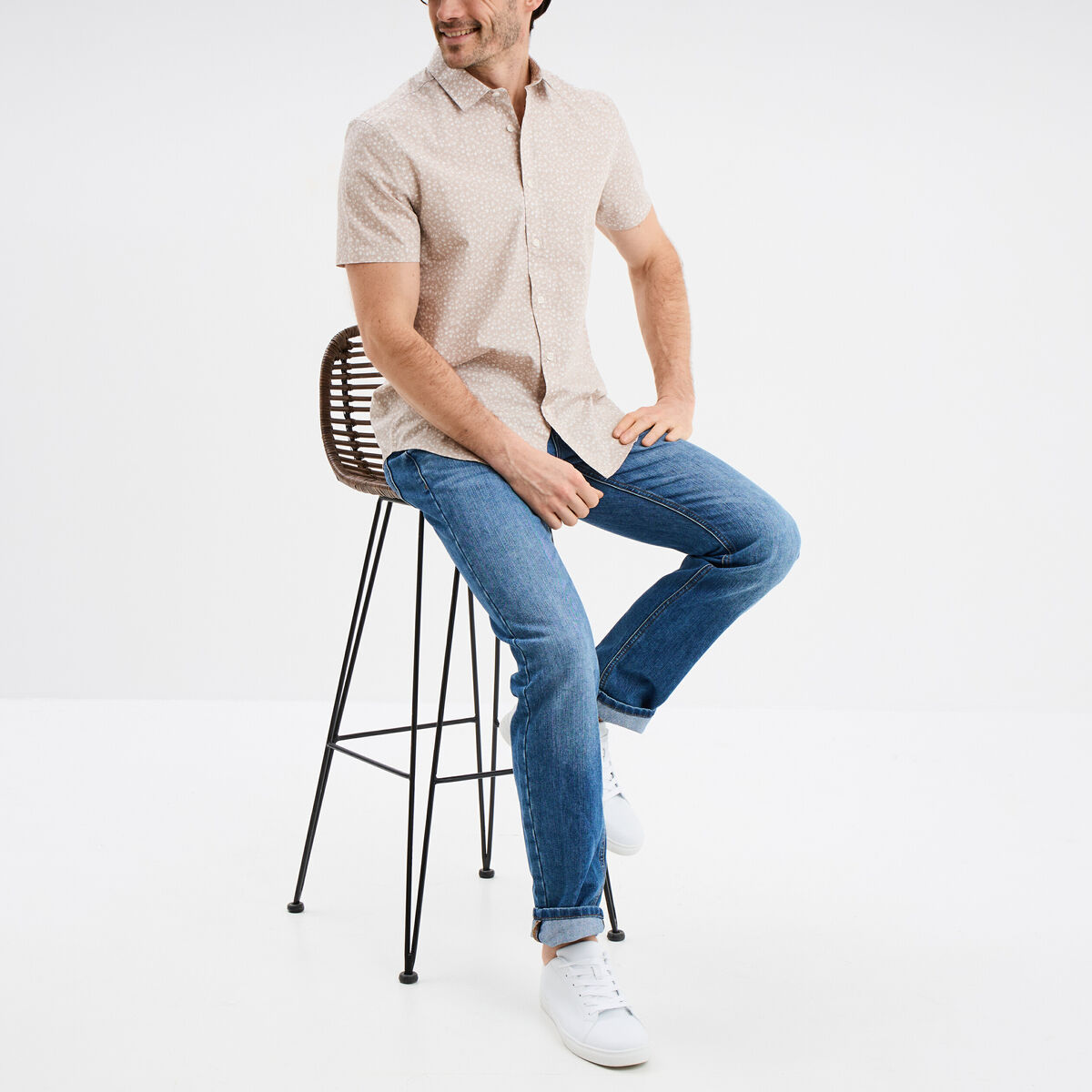 Chemise droite manches courtes coton beige homme
