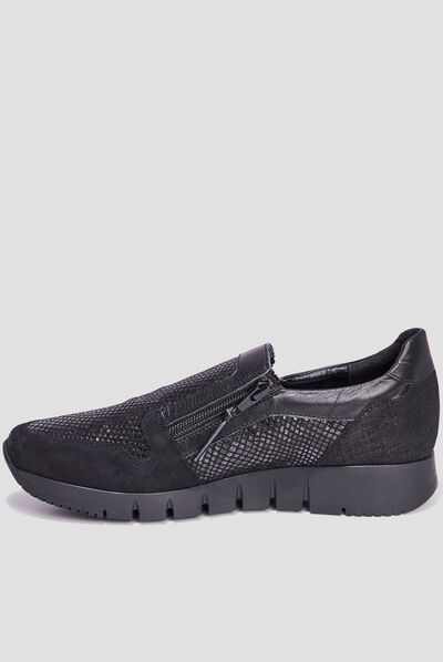 Baskets zippées en cuir pied large noir femme