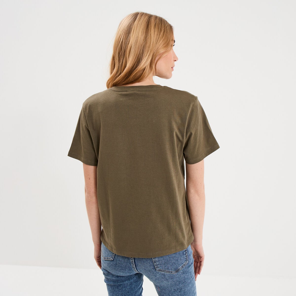 T-shirt col rond manches courtes coton vert kaki femme