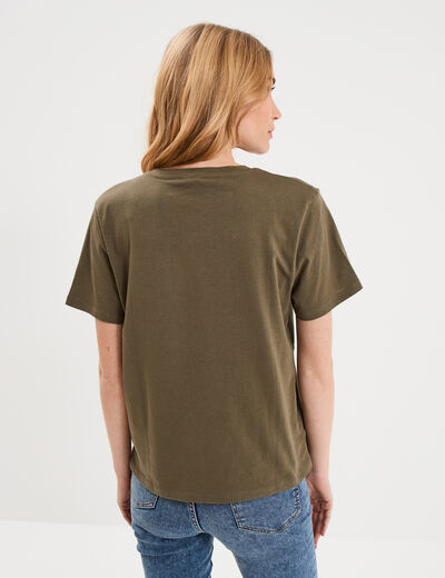 T-shirt col rond manches courtes coton vert kaki femme