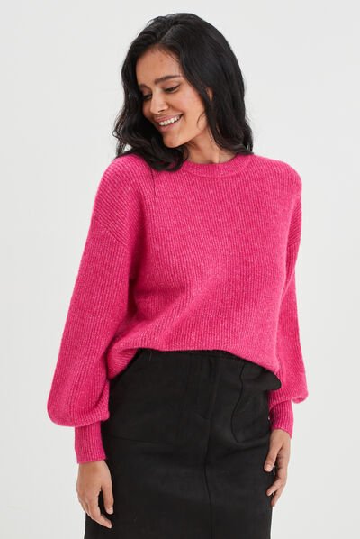 Pull col rond manches ballons rose fushia femme