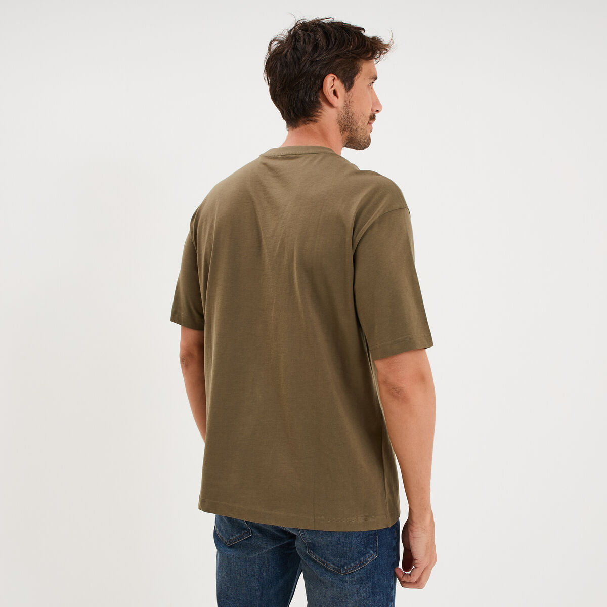T-shirt col rond coupe relax coton &eacute;pais vert kaki homme