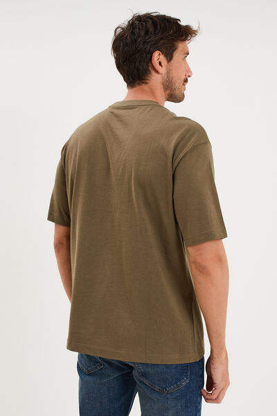 T-shirt col rond coupe relax coton &eacute;pais vert kaki homme
